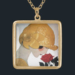 LADY WITH RED ROSE GOLD PLATED NECKLACE<br><div class="desc">Vibrant , classy  French Art Deco  high fashion illustration. Portrait of a beautiful young woman wearing a golden hat with flower,  black  white , yellow  , grey colours .Cool , modern and artistic design.</div>