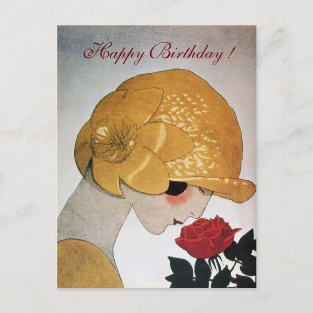 LADY WITH RED ROSE Happy Birthday Postcard (Front)