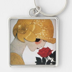LADY WITH RED ROSE KEY RING
