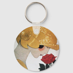 LADY WITH RED ROSE KEY RING
