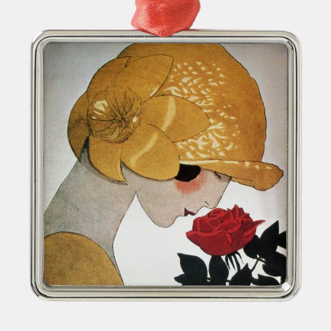 LADY WITH RED ROSE METAL TREE DECORATION (Front)