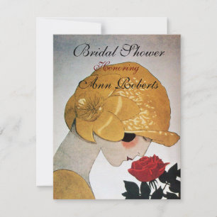 LADY WITH RED ROSE MONOGRAM BRIDAL SHOWER PARTY INVITATION