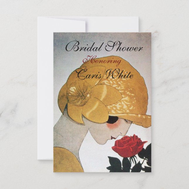 LADY WITH RED ROSE MONOGRAM BRIDAL SHOWER PARTY INVITATION (Front)