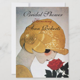 LADY WITH RED ROSE MONOGRAM BRIDAL SHOWER PARTY INVITATION