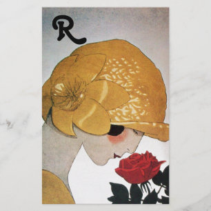 LADY WITH RED ROSE MONOGRAM STATIONERY