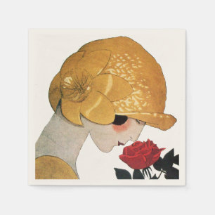 LADY WITH RED ROSE NAPKIN