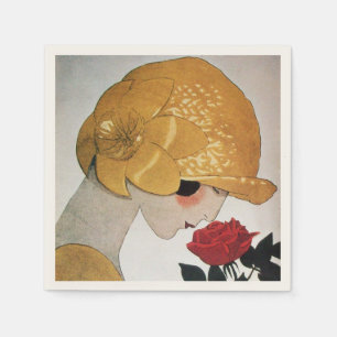 LADY WITH RED ROSE NAPKIN
