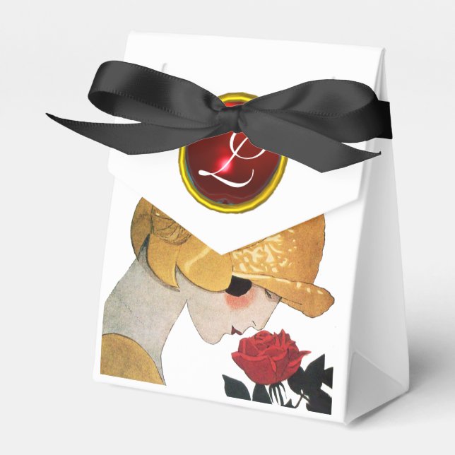 LADY WITH RED ROSE RUBY GEM STONE MONOGRAM FAVOUR BOX (Front Side)