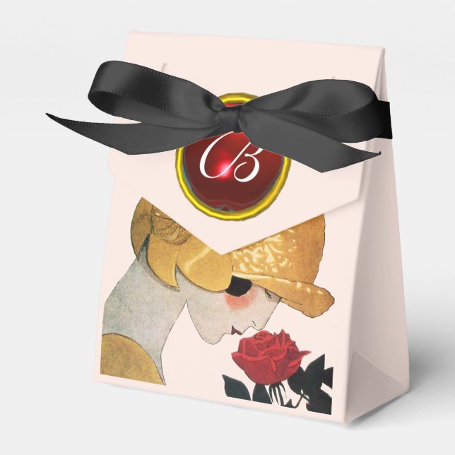 LADY WITH RED ROSE RUBY GEM STONE MONOGRAM ,Pink Favour Box (Front Side)