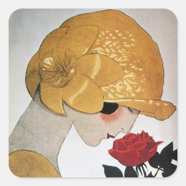 LADY WITH RED ROSE SQUARE STICKER (Front)