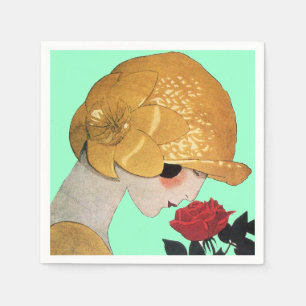 LADY WITH RED ROSE ,Teal Turquoise Napkin