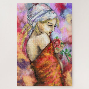 Lady with Rose - Abstract Woman Original Painting Jigsaw Puzzle