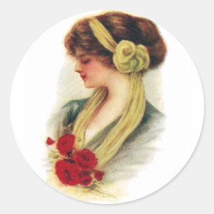 Lady with Roses Classic Round Sticker