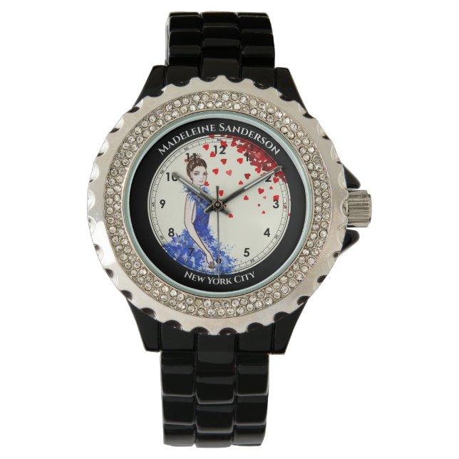 Lady with Sparkly Blue Gown Fashion Red Hearts Watch (Front)