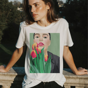 Lady With Tulip Green & Orange Modern Graphic  T-Shirt