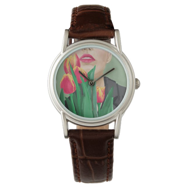 Lady With Tulip Green & Orange Modern Graphic  Watch (Front)