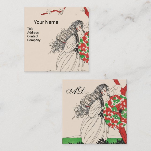 LADY WITH UMBRELLA Art Deco Beauty Fashion Hair Square Business Card (Front/Back)