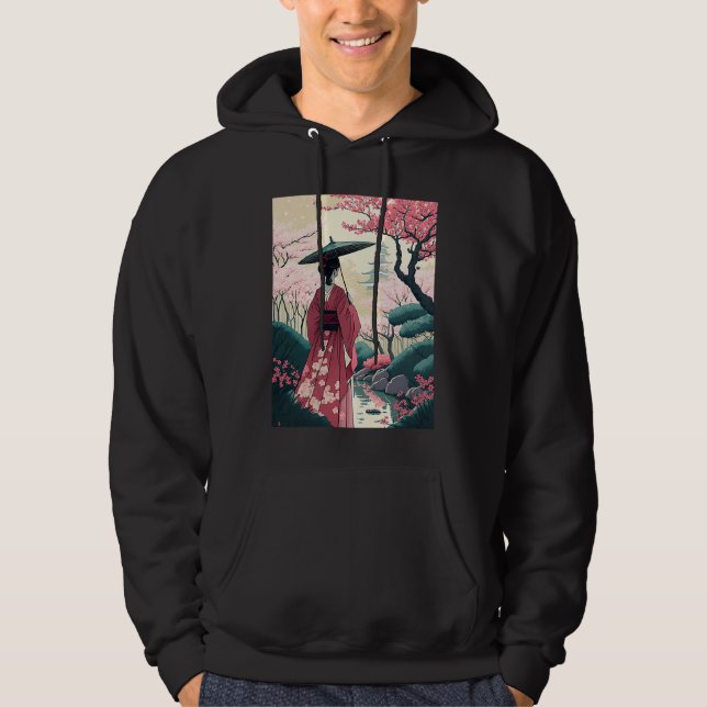 Lady with Umbrella cherry Blossom Garden Japanese  Hoodie (Front)