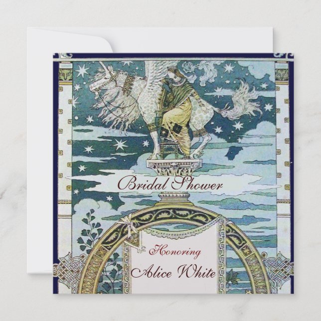 LADY WITH UNICORN BRIDAL SHOWER PARTY Blue White Invitation (Front)
