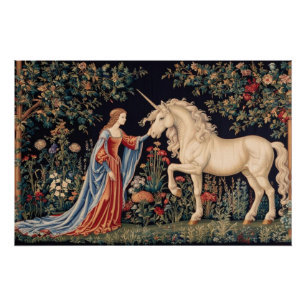 Lady with unicorn in a garden poster