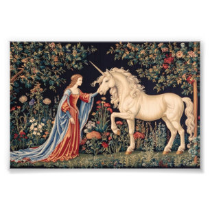 Lady with unicorn on a backdrop of milleflowers photo print