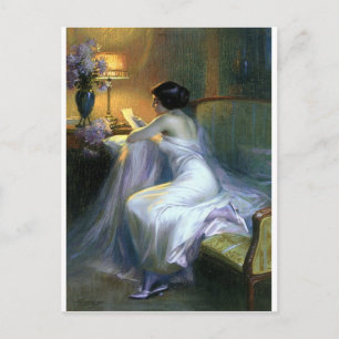 lady woman reading letter antique painting art postcard