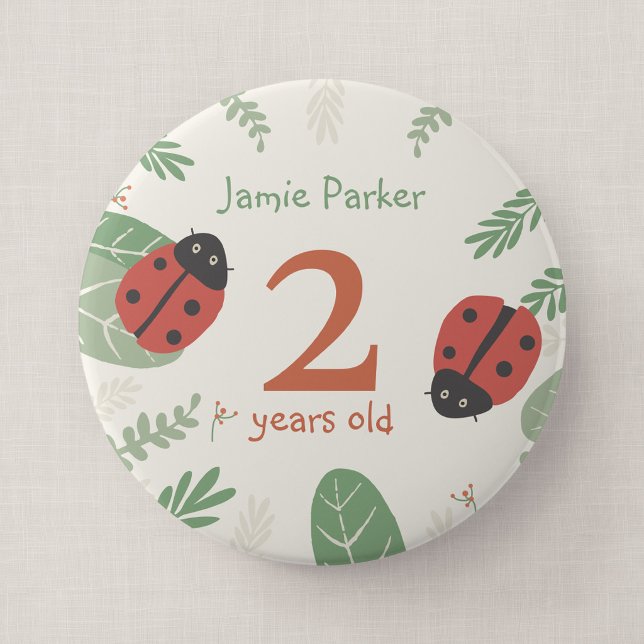 Ladybird Birthday Badge with Custom Name and Age (Ladybird Meadow - 4" Big Birthday Button Badge)