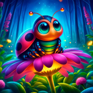 Ladybird bug flowers neon forest colourful magic poster