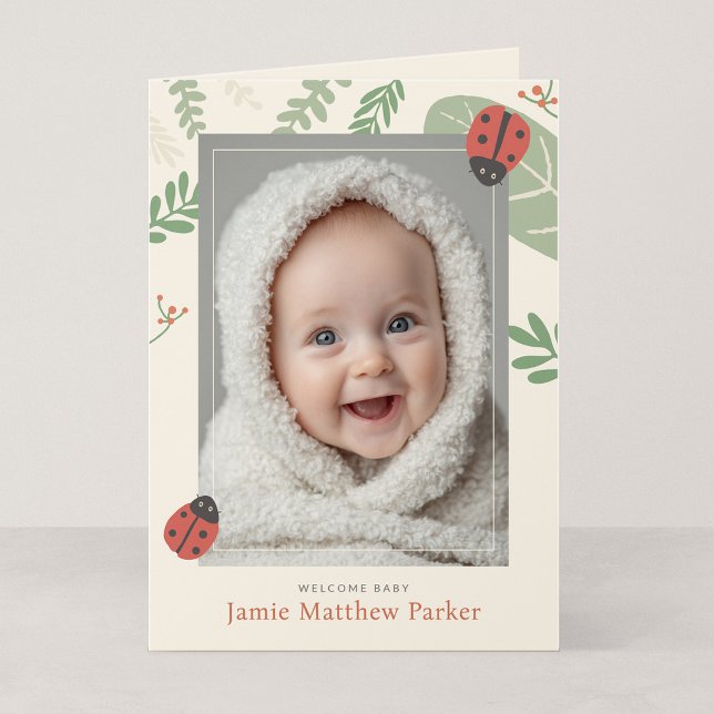 Ladybird Folded Birth Announcement Keepsake Card (Ladybird Meadow - Keepsake 5x7 Folded Ladybug Baby Announcement)