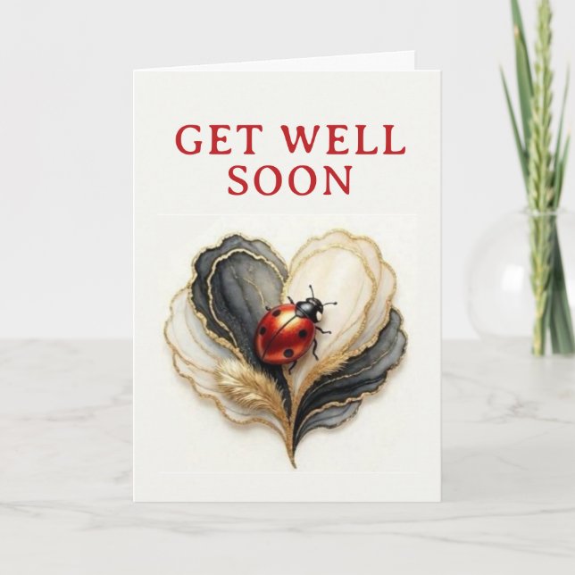 Ladybird Ladybug Heart Leaf Get well Soon Card (Front)