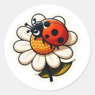 Ladybird on a flower art for kids classic round sticker