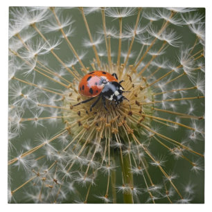 Ladybird on dandelion clock. Macro photography Tile