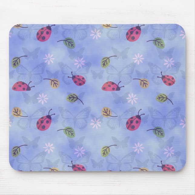 Ladybirds and Autumn Leaves Blue Mouse Mat (Front)