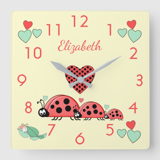 Ladybirds and Caterpillar with a name nursery Square Wall Clock (Front)