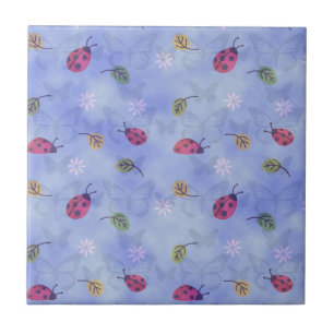 Ladybirds and Falling Leaves Blue Pattern Tile