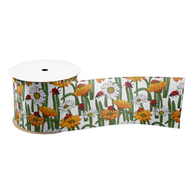 Ladybirds and Summer Flowers Ladybugs Mothers Day Satin Ribbon (Spool)