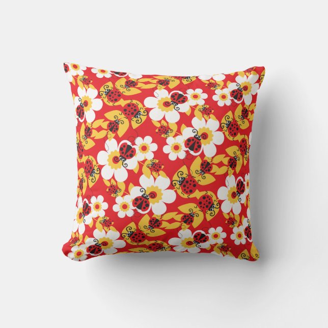 Ladybirds / ladybugs red yellow and white pillow (Front)