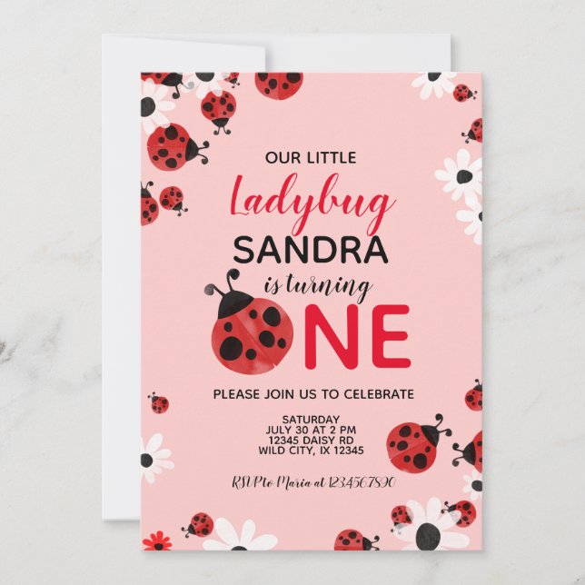 Ladybug 1st Baby Girl Birthday Invitation (Front)