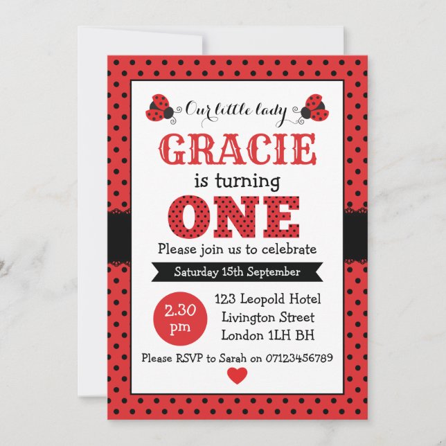 ladybug 1st birthday girls party invitation (Front)