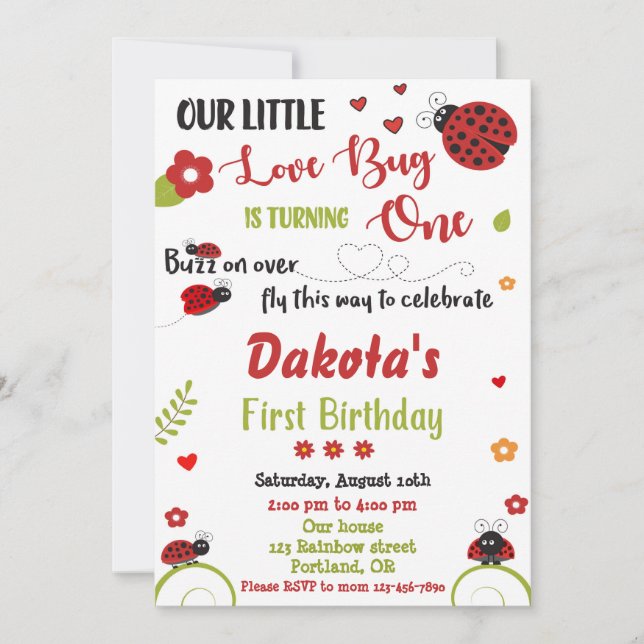Ladybug 1st birthday invitation Girl love bug lady (Front)
