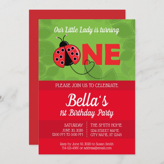 Ladybug 1st Birthday Invitation with picture (Front/Back)