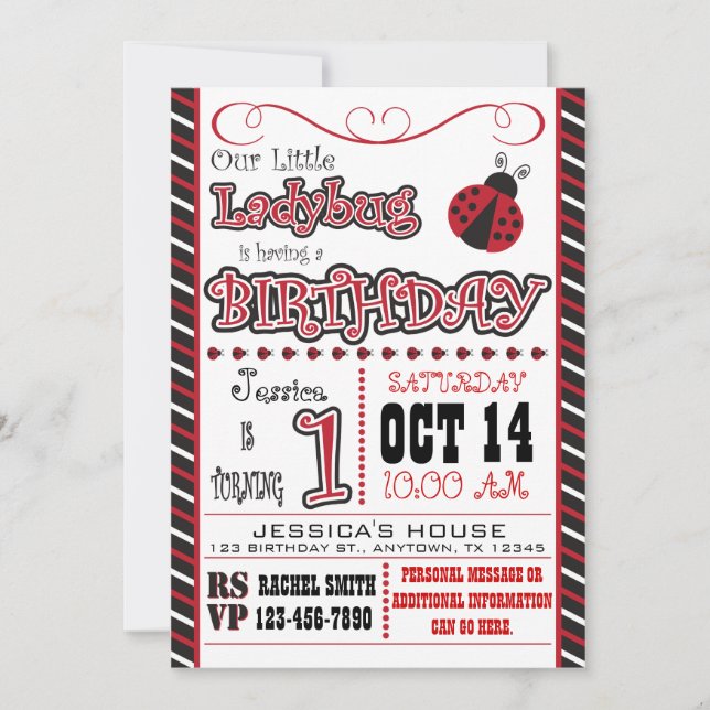Ladybug 1st Birthday Invitations (Front)