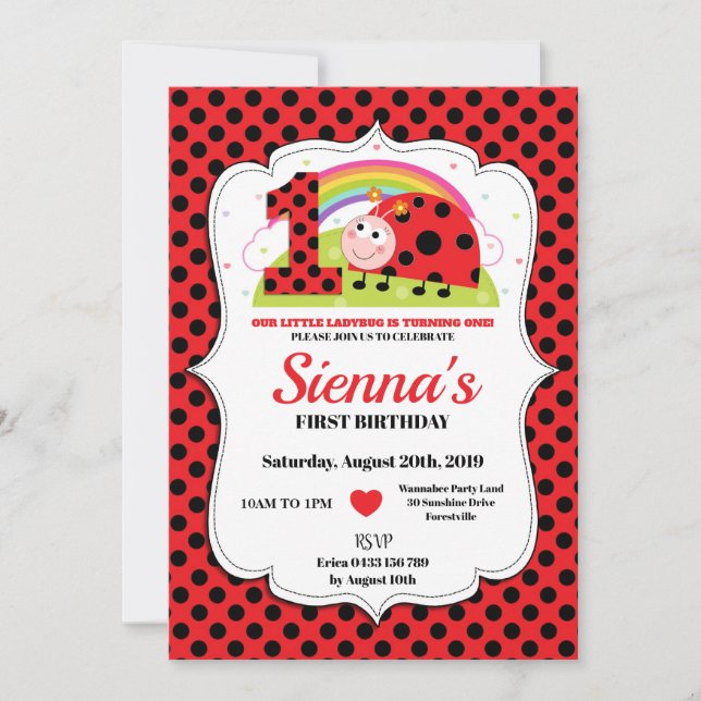 Ladybug 1st Birthday Invitations Girl (Front)