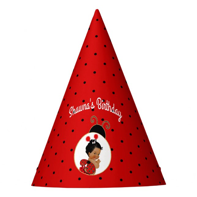 Ladybug African American Baby Girl Red & Black Party Hat (Front)