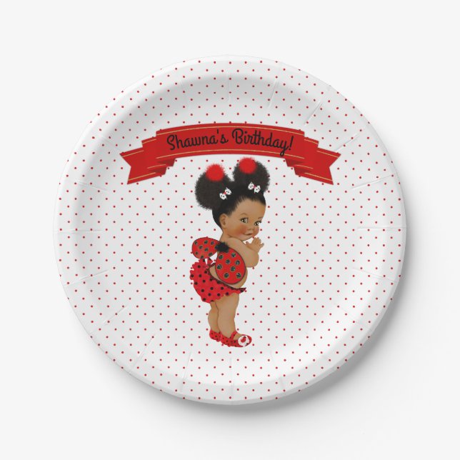 Ladybug African American Baby Girl Red Dots Paper Plate (Front)