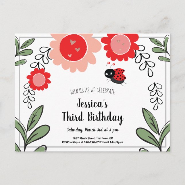 Ladybug and Flowers Kids Birthday Party Invitation Postcard (Front)