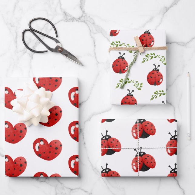 Ladybug and Hearts Pattern Birthday Wrapping Paper Sheet (Front)