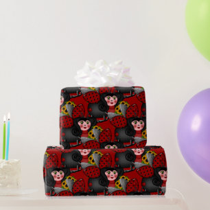Ladybug and Sunflowers-Diagonal-Red- Wrapping Paper