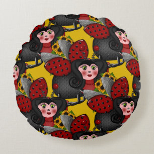 Ladybug and Sunflowers-Diagonal-Yellow-1- Round Cushion