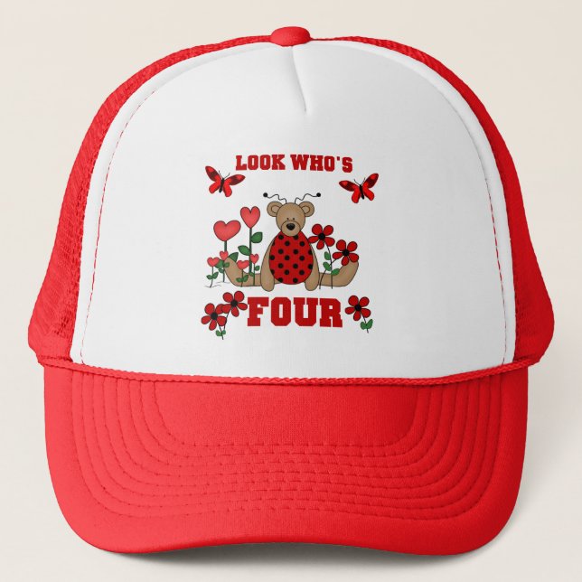 Ladybug Bear 4th Birthday Tshirts and Gifts Trucker Hat (Front)